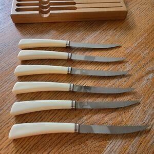 Quikut Serrated Stainless Knife White Plastic Handle Steak Knives Vntg Six (6)